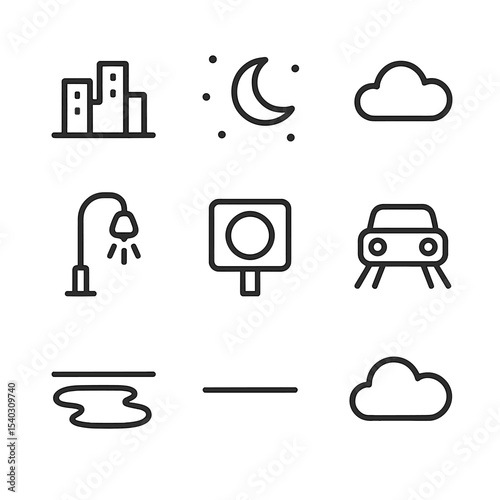 Urban Night Outline Icons. Outline icon set of urban night horizon: building silhouettes, moon crescent, star dots, streetlight
