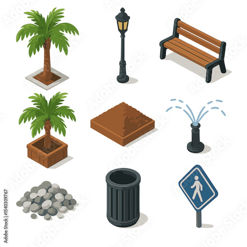 Urban Palm Icon Set. Isometric Flat icon set of urban palm landscaping: sidewalk palm, street lamp, bench seat, planter box, mulch