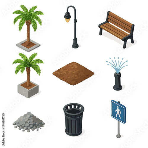 Urban Palm Icon Set. Isometric Flat icon set of urban palm landscaping: sidewalk palm, street lamp, bench seat, planter box, mulch