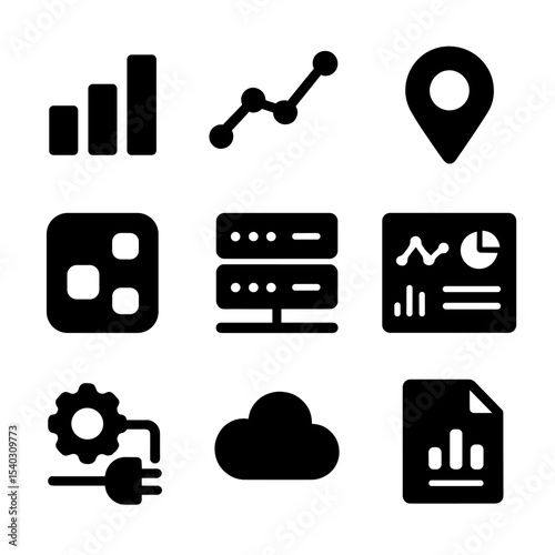 Urban Data Icon Grid. Solid, Filled icon set of urban data analytics: bar chart, line graph, map pin, heat map, data server,