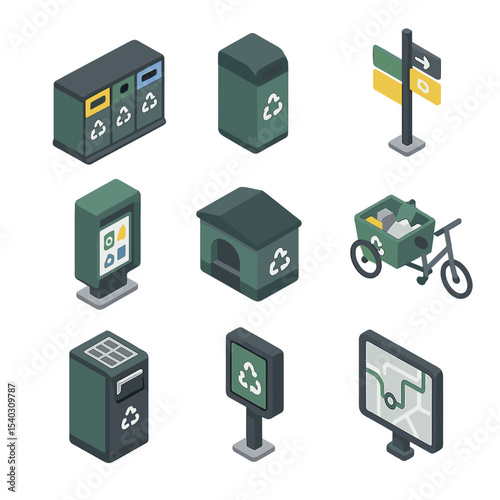 Urban Recycling Icons. Isometric Flat icon set of urban recycling infrastructure: public recycling station, street bin, signage
