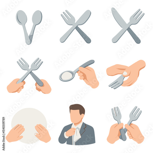 Utensil Etiquette Icons. Isometric Flat icon set of utensil-related gestures and etiquette: resting position fork-spoon, crossed