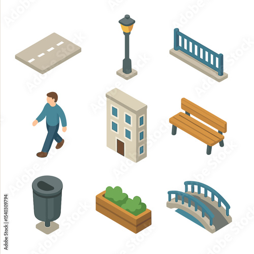 Urban Riverside Icons. Isometric Flat icon set of urban riverside stroll: pedestrian pathway, lamppost, river railing, walking