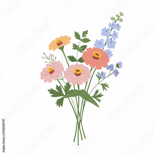 Delicate floral bouquet with pink, peach, and blue blooms, stylized vector illustration