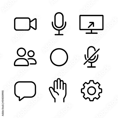 Video Conferencing Icons. Outline icon set of video conferencing tools: camera, microphone, screen share, participant list,