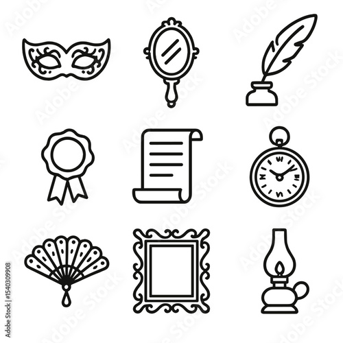 Vintage Masquerade Icons. Outline icon set of vintage masquerade elements: antique mask, ornate mirror, quill pen, wax seal,