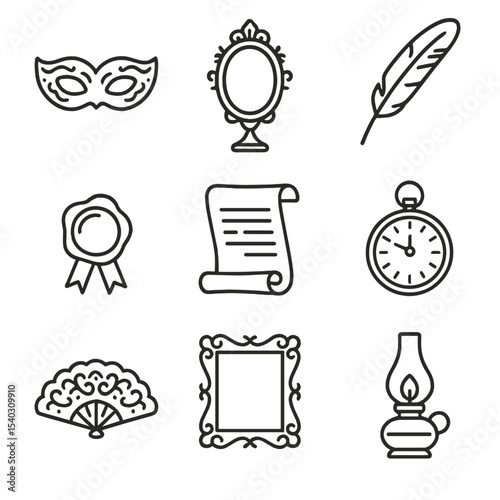 Vintage Masquerade Icons. Outline icon set of vintage masquerade elements: antique mask, ornate mirror, quill pen, wax seal,
