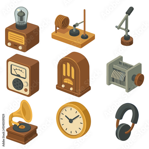Vintage Radio Icon Set. Isometric Flat icon set of vintage radio equipment: vacuum tube radio, crystal set, cat’s whisker detector