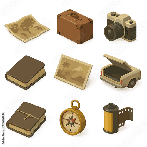 Vintage Travel Icons. Isometric Flat icon set of vintage travel photography: dusty map, old suitcase, camera, passport, sepia