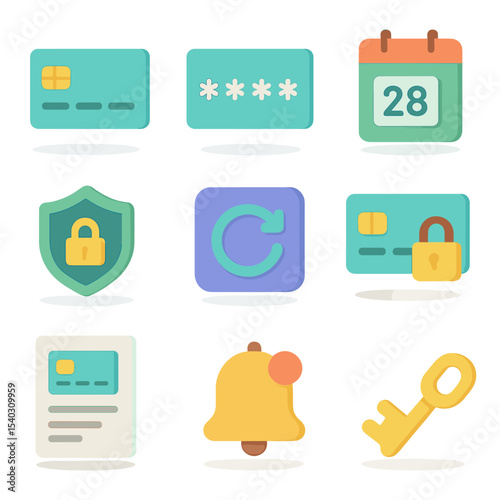 Virtual Card Icon Set. Isometric Flat icon set of Virtual Card Management: virtual card image, card number masked with asterisks,