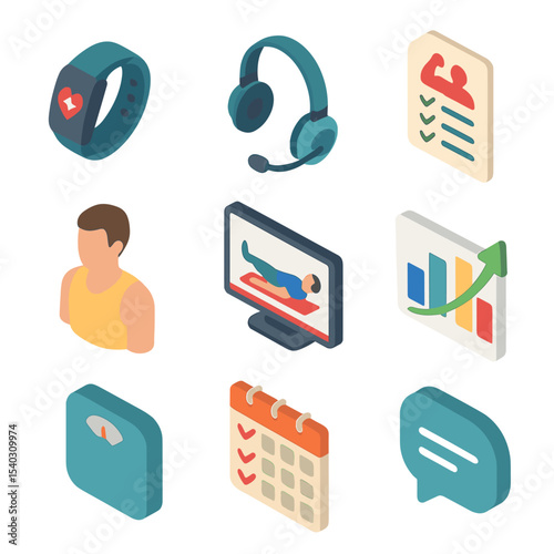 Virtual Fitness Icons. Isometric Flat icon set of virtual personal training: fitness tracker wristband, video call headset,