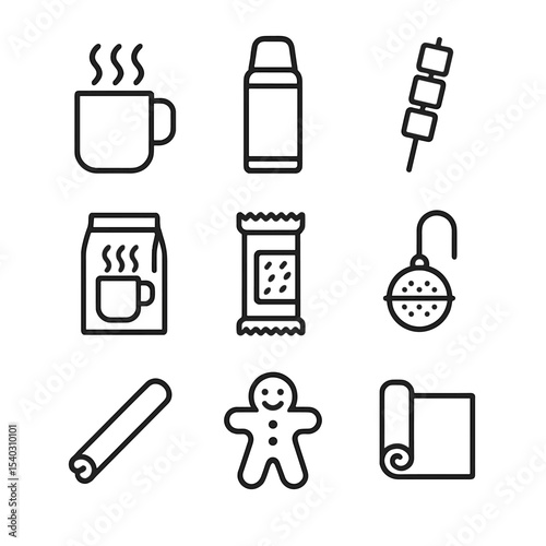 Warm Beverage Icons. Outline icon set of warm beverages and snacks: steaming mug, thermos flask, marshmallow skewer, hot cocoa