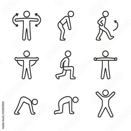 Warm-Up Icon Set. Outline icon set of warm-up exercises: arm circles, hip hinges, leg swings, shoulder dislocations, dynamic