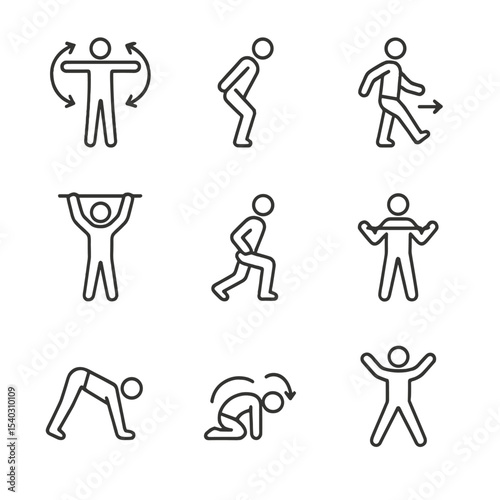 Warm-Up Icon Set. Outline icon set of warm-up exercises: arm circles, hip hinges, leg swings, shoulder dislocations, dynamic
