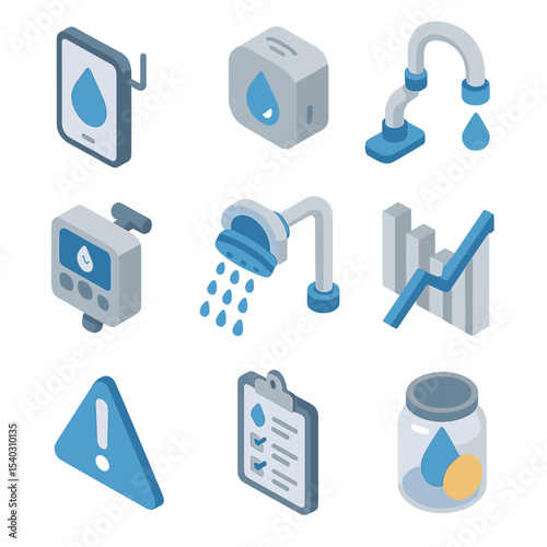 Water Conservation Icons. Isometric Flat icon set of water conservation assistant: water drop tracker, leak detector, low-flow