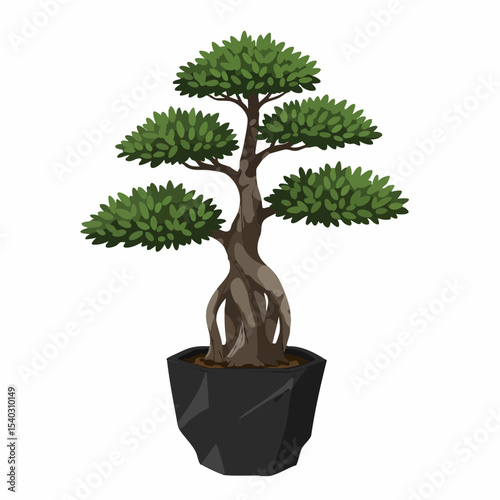 Detailed Illustration of a Serene Bonsai Tree in a Black Pot
