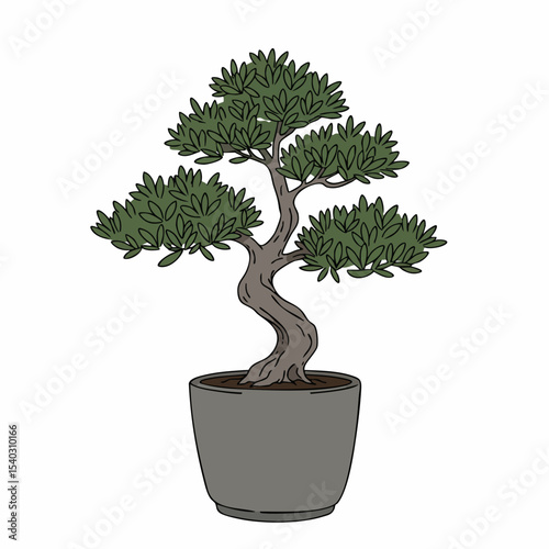 Stylized Olive Tree in a Gray Pot with Curving Trunk and Dense Foliage