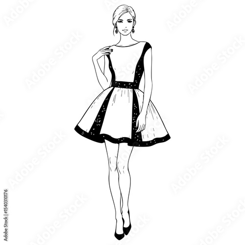 Girl in Short Dress Doodle Illustration – Hand-Drawn Black and White Line Art on Transparent Background