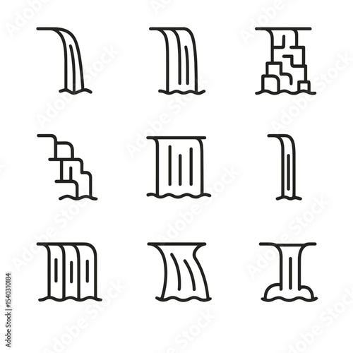 Waterfall Icon Set. Outline icon set of waterfall types: horsetail fall, plunge fall, cascade, tiered fall, block fall, ribbon