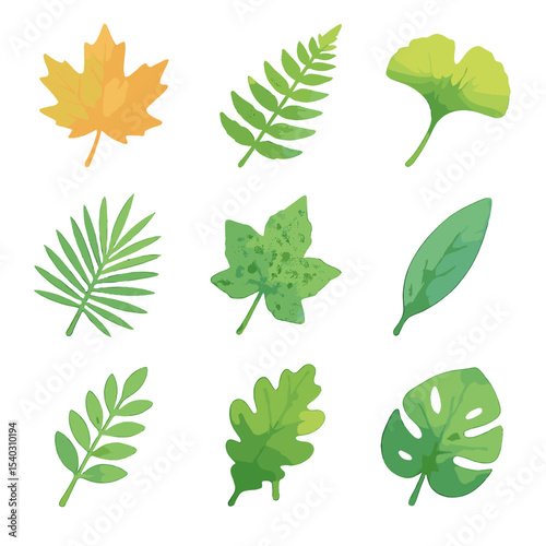 Watercolor Leaf Textures. Isometric Flat icon set of watercolor leaf textures: washed maple, blended fern, gradient ginkgo,