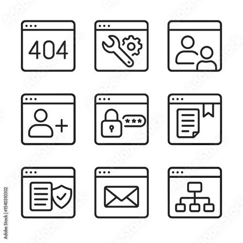 Web Icons Grid. Outline icon set of error and utility pages: 404 error page, maintenance page, login page, signup page, password