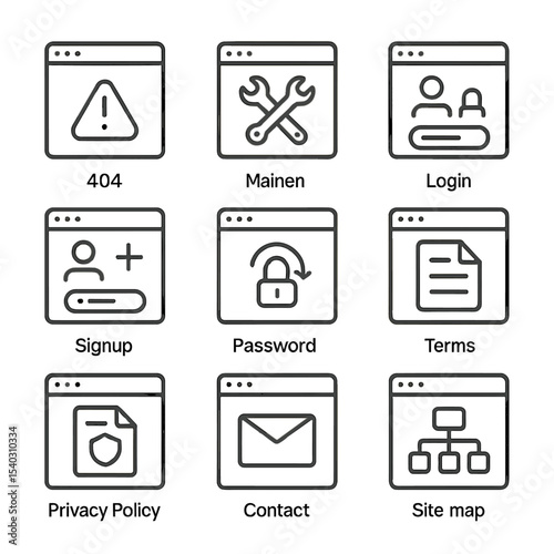 Web Icons Grid. Outline icon set of error and utility pages: 404 error page, maintenance page, login page, signup page, password