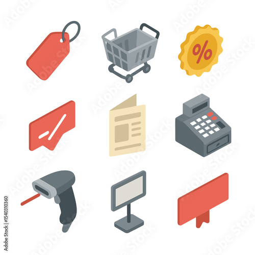 Weekly Supermarket Deals Icons. Isometric Flat icon set of weekly supermarket deals: sale tag, shopping cart, discount sticker,
