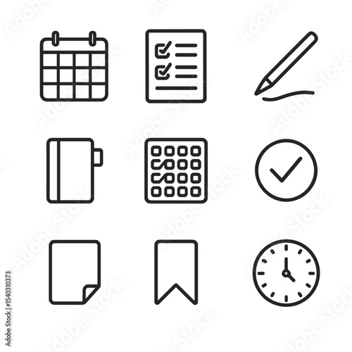 Weekly Expense Icons. Outline icon set of weekly expense log: week calendar, checkbox list, pen stroke, divider tab, habit tracker