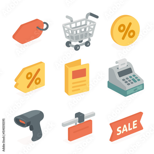 Weekly Supermarket Deals Icons. Isometric Flat icon set of weekly supermarket deals: sale tag, shopping cart, discount sticker,