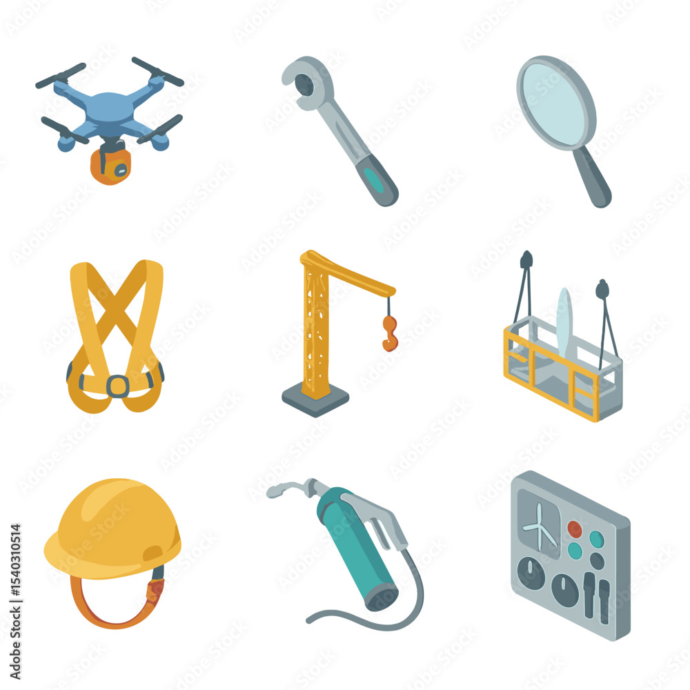Fototapeta premium Wind Energy Tools Icons. Isometric Flat icon set of wind energy maintenance: inspection drone, torque wrench, blade mirror, rope