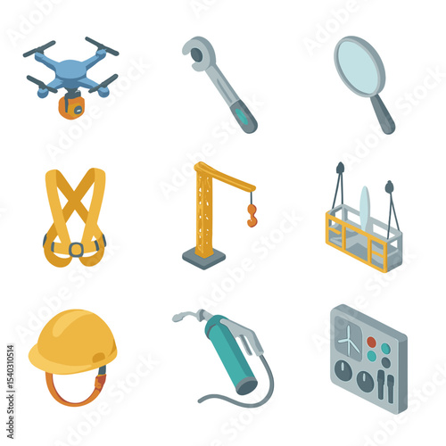 Wind Energy Tools Icons. Isometric Flat icon set of wind energy maintenance: inspection drone, torque wrench, blade mirror, rope