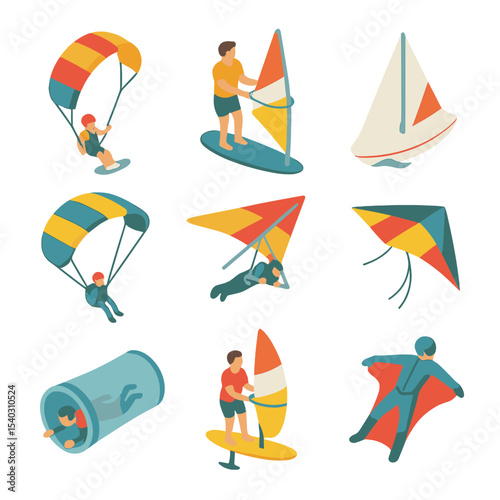 Wind Sports Icons. Isometric Flat icon set of wind sports: kite surfing, windsurfing board, sailing boat, paragliding wing, hang