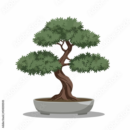 Serene Bonsai Tree in Grey Pot, Lush Green Foliage, Twisted Trunk