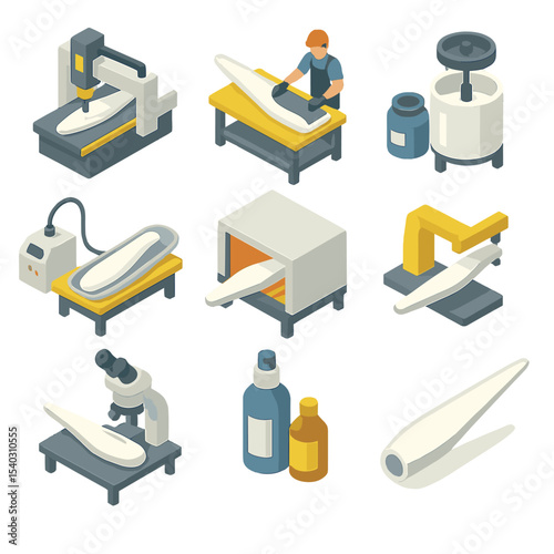 Wind Turbine Icon Set. Isometric Flat icon set of wind turbine blade manufacturing process: CNC cutter, fiber layup station, resin
