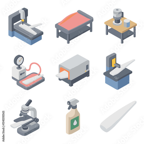 Wind Turbine Icon Set. Isometric Flat icon set of wind turbine blade manufacturing process: CNC cutter, fiber layup station, resin