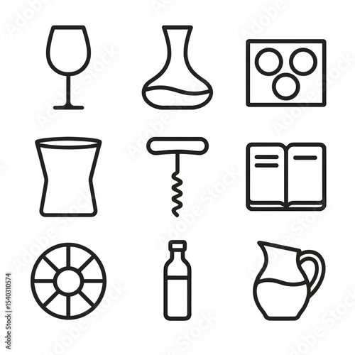 Wine Tasting Icons. Outline icon set of wine tasting essentials: wine glass, decanter, tasting mat, spittoon, corkscrew, tasting