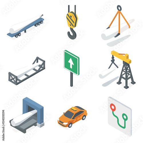 Wind Turbine Transport Icons. Isometric Flat icon set of wind turbine blade transportation logistics: flatbed trailer, crane hook,