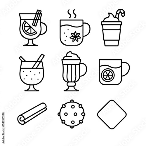 Winter Beverage Icons. Outline icon set of winter beverage pairings: mulled wine glass, spiced cider mug, peppermint mocha, eggnog