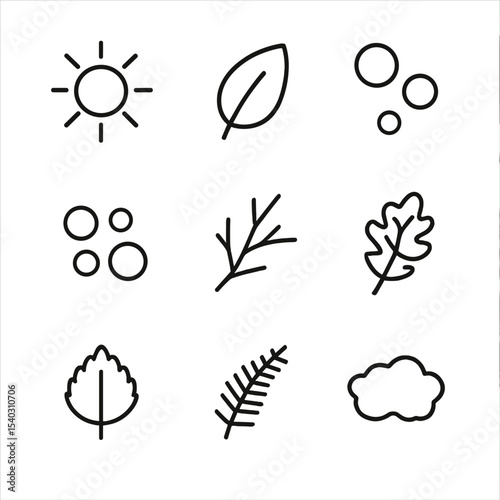 Woodland Icon Set. Outline icon set of woodland canopy sunlight: sunbeam, leaf silhouette, lens flare, dappled light, branch