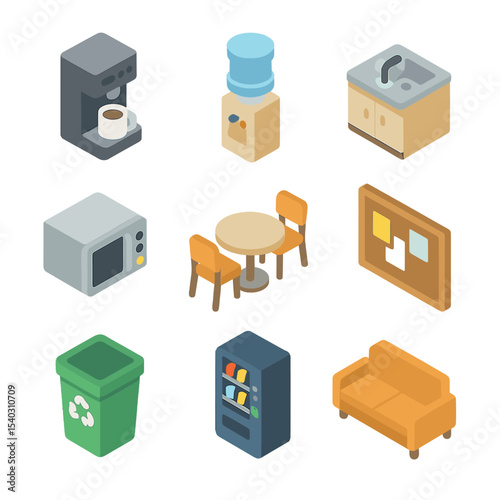 Worker Amenities Icons. Isometric Flat icon set of worker amenities and break area: coffee machine, water cooler, kitchenette sink