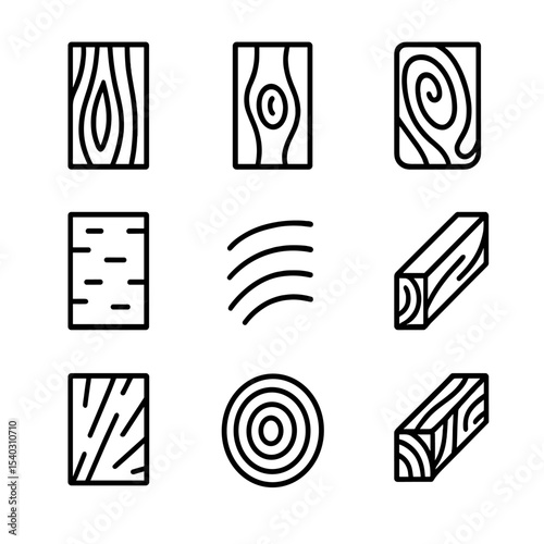 Wood Grain Icon Set. Outline icon set of wood grain textures: oak plank, pine knot, mahogany swirl, birch bark, saw mark, veneer