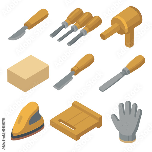 Wood Carving Tools Icons. Isometric Flat icon set of wood carving tools: carving knife, gouge set, wooden mallet, basswood block,