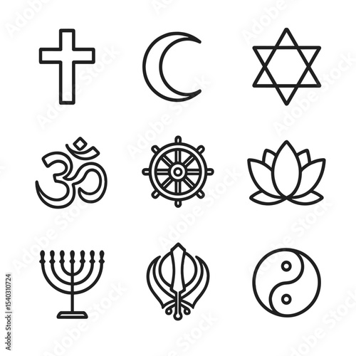 World Religions Icons. Outline icon set of world religions symbols: cross, crescent, Star of David, Om symbol, Dharma wheel, lotus