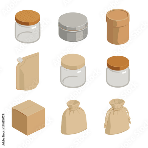 Zero Waste Packaging Icons. Isometric Flat icon set of zero waste packaging: glass jar, bamboo lid, metal tin, paper tube, refill