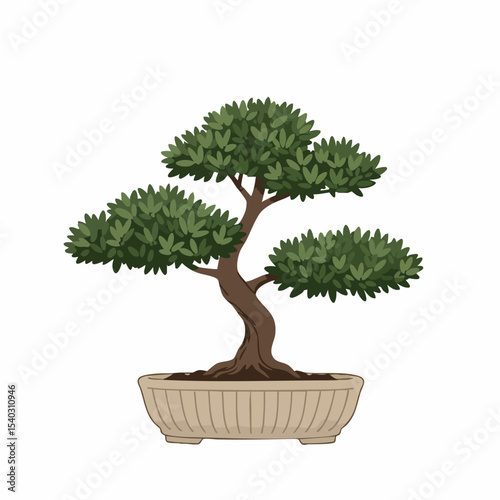 Stylized Bonsai Tree with Dark Green Foliage in a Beige Ribbed Pot
