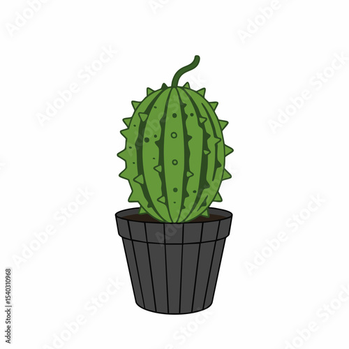 Cartoon potted plant with spiky green fruit and dark vertical stripes