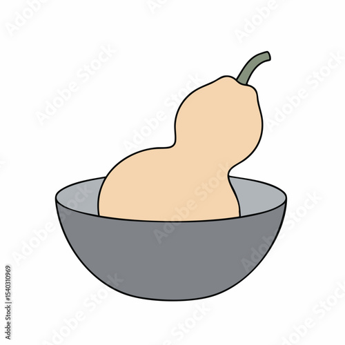 Cartoon depiction of a light orange calabash gourd in a gray bowl