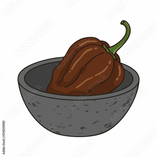 A Dark Brown Habanero Pepper Resting in a Stone Bowl, Freshly Harvested.