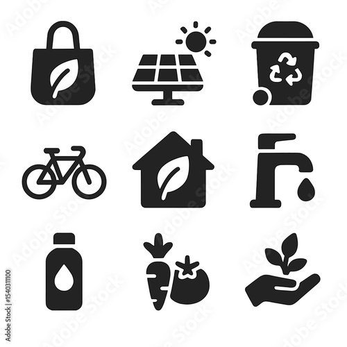 Sustainable Living Icons. Solid, filled icons set of sustainable living actions: reusable bag, solar panel,
