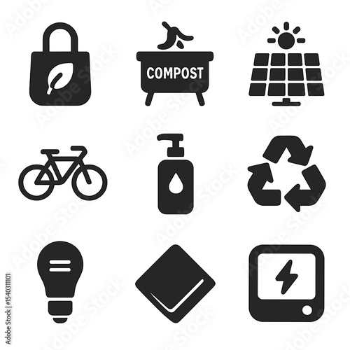 Sustainable Living Icons. Solid, filled icons set of sustainable living practices: reusable bag, compost bin,